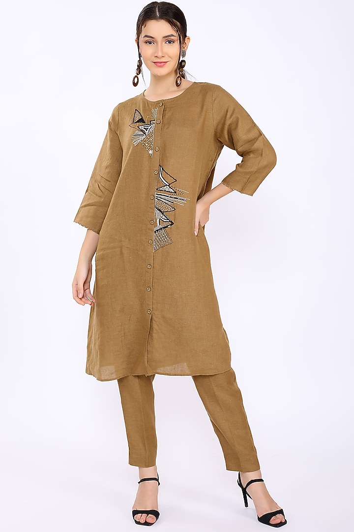 Beige Tunic With Hand Embroidery by Linen Bloom at Pernia's Pop Up Shop