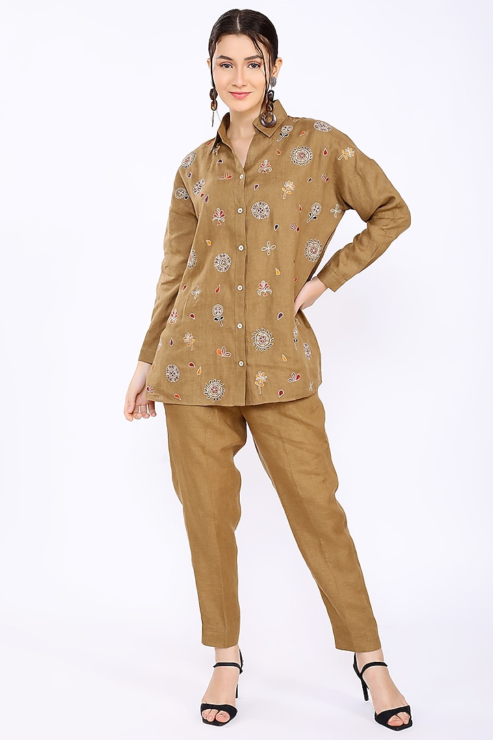 Beige Embroidered Shirt by Linen Bloom
