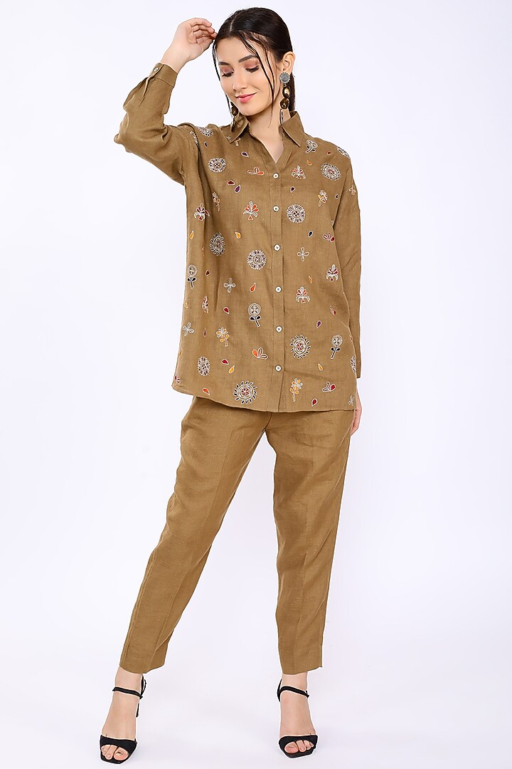 Beige Pencil Pants In Linen by Linen Bloom at Pernia's Pop Up Shop