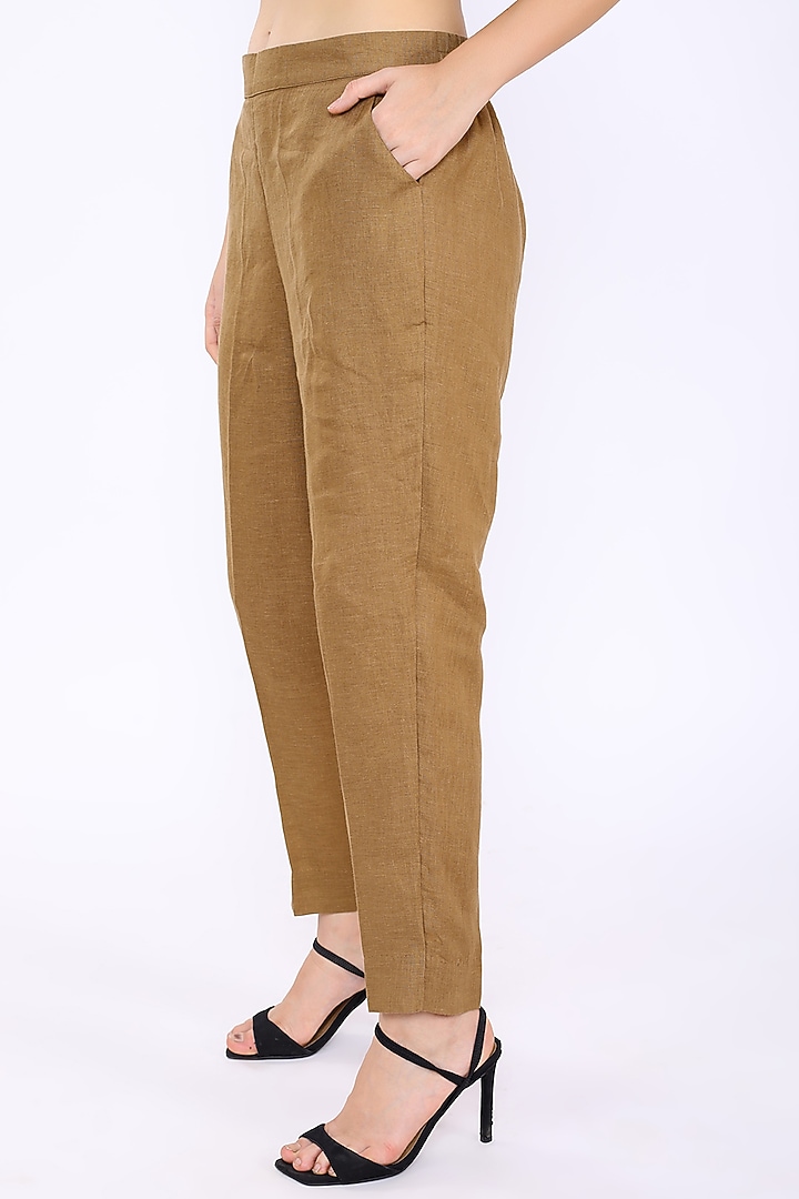 Beige Pencil Pants In Linen by Linen Bloom at Pernia's Pop Up Shop