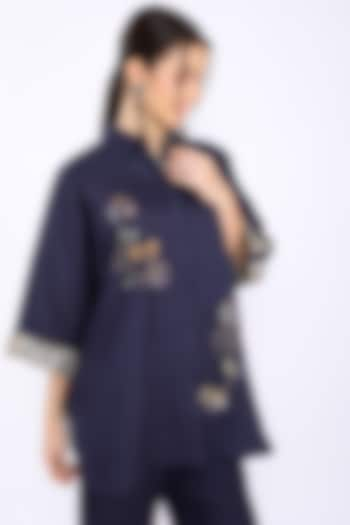 Navy Blue Embroidered Shirt by Linen Bloom at Pernia's Pop Up Shop