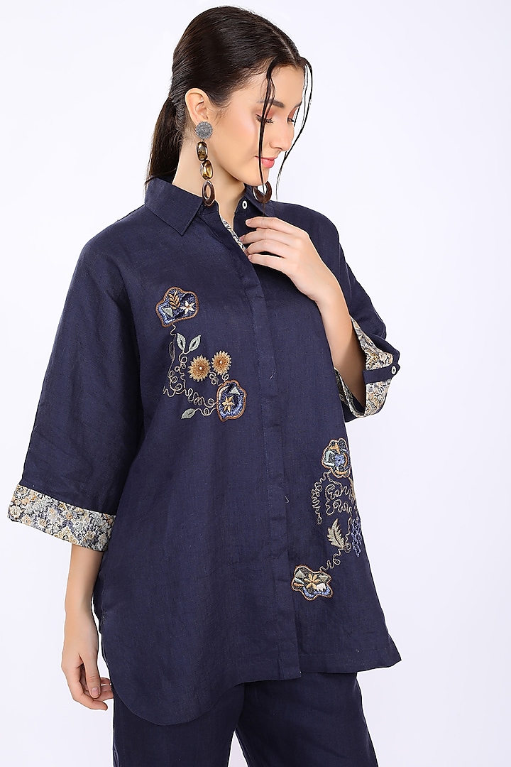 Navy Blue Embroidered Shirt by Linen Bloom at Pernia's Pop Up Shop