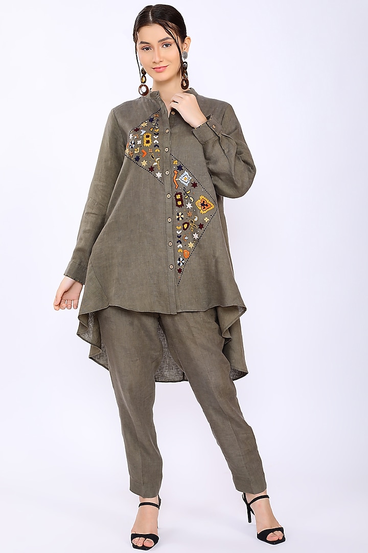 Sage Green Embroidered Tunic by Linen Bloom