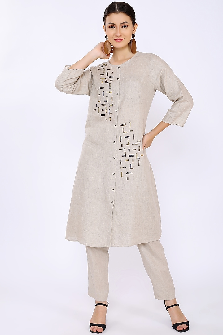 Beige Linen Hand Embroidered Tunic by Linen Bloom