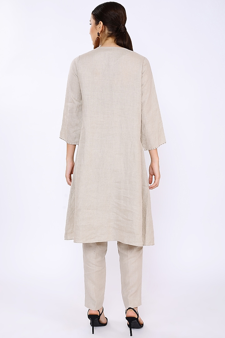 Beige Linen Hand Embroidered Tunic by Linen Bloom at Pernia's Pop Up Shop