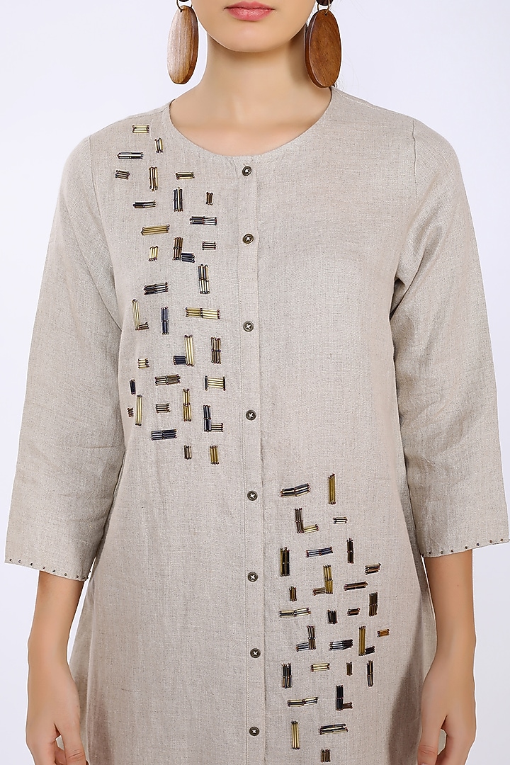 Beige Linen Hand Embroidered Tunic by Linen Bloom at Pernia's Pop Up Shop