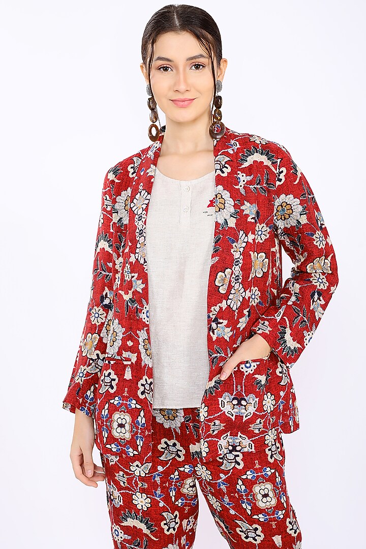 Red Floral Printed Blazer by Linen Bloom at Pernia's Pop Up Shop