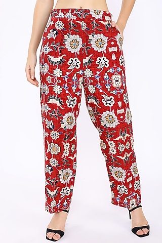 Red Floral Printed Pants by Linen Bloom