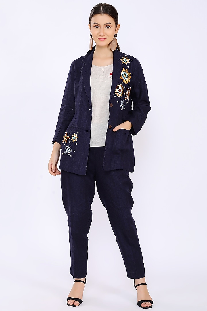 Navy Embroidered Blazer by Linen Bloom at Pernia's Pop Up Shop