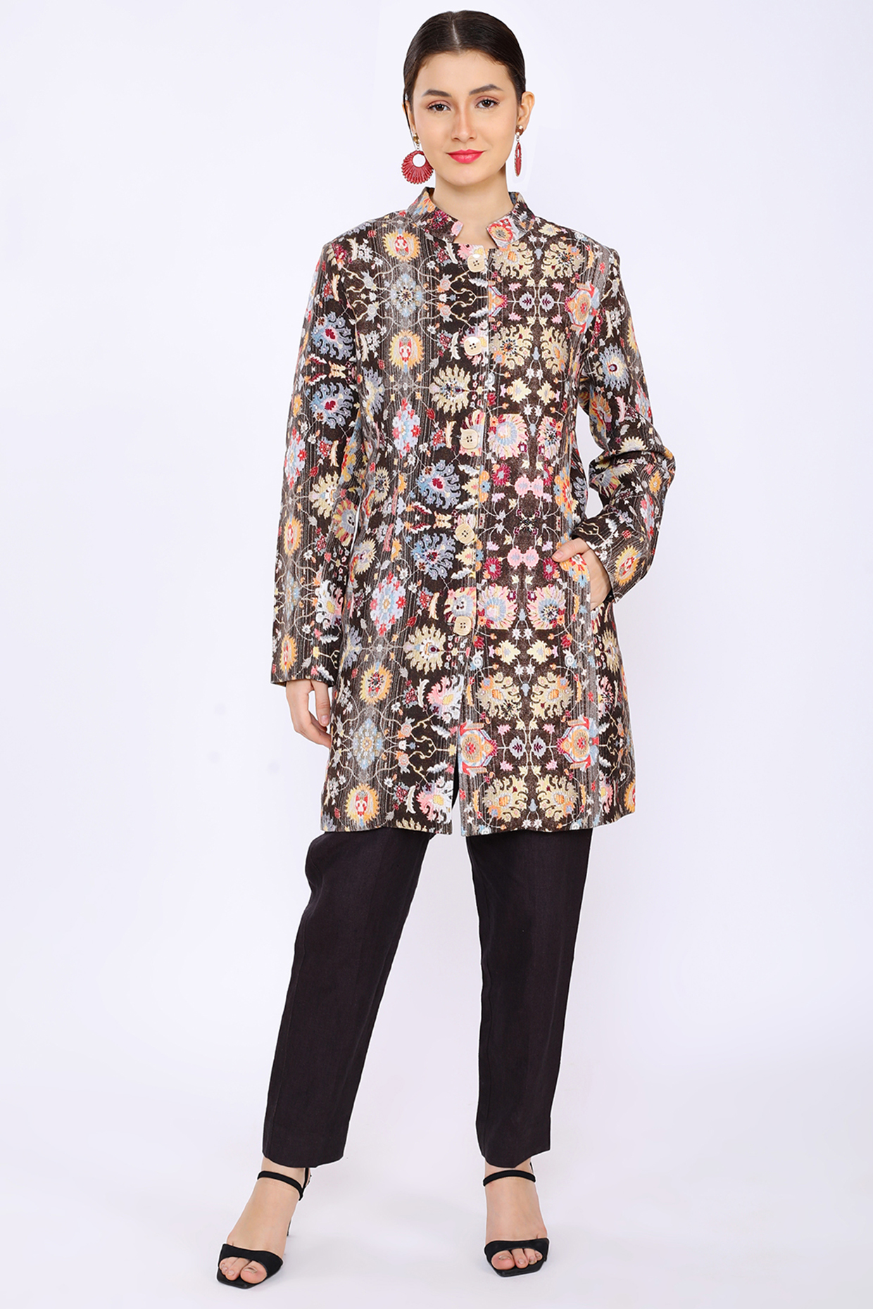 Multi-Coloured Choco Floral Printed Jacket by Linen Bloom at Pernia's Pop Up Shop