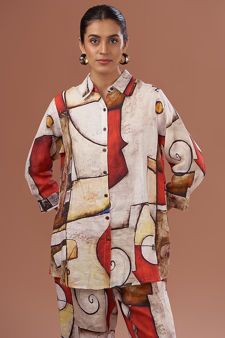 Multi-Colored Linen Printed Shirt by Linen Bloom