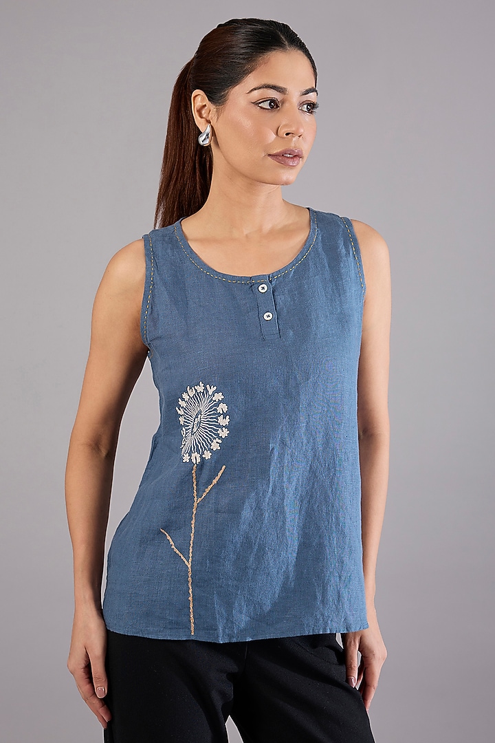 Blue Linen Embroidered Top by Linen Bloom at Pernia's Pop Up Shop
