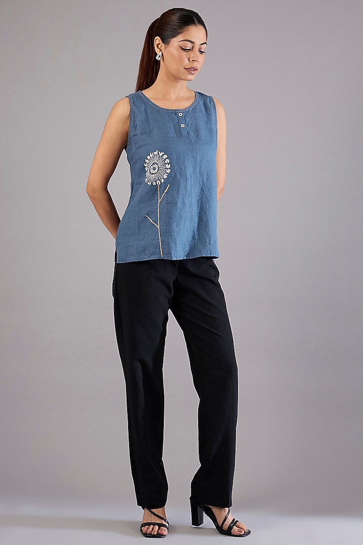 Blue Linen Embroidered Top by Linen Bloom at Pernia's Pop Up Shop