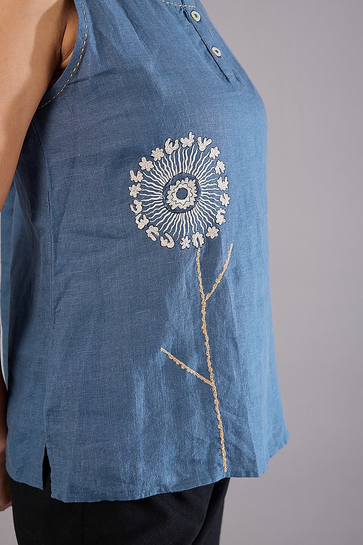 Blue Linen Embroidered Top by Linen Bloom at Pernia's Pop Up Shop