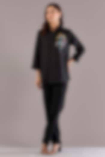 Black Pure Linen Abstract Embroidered Shirt by Linen Bloom at Pernia's Pop Up Shop