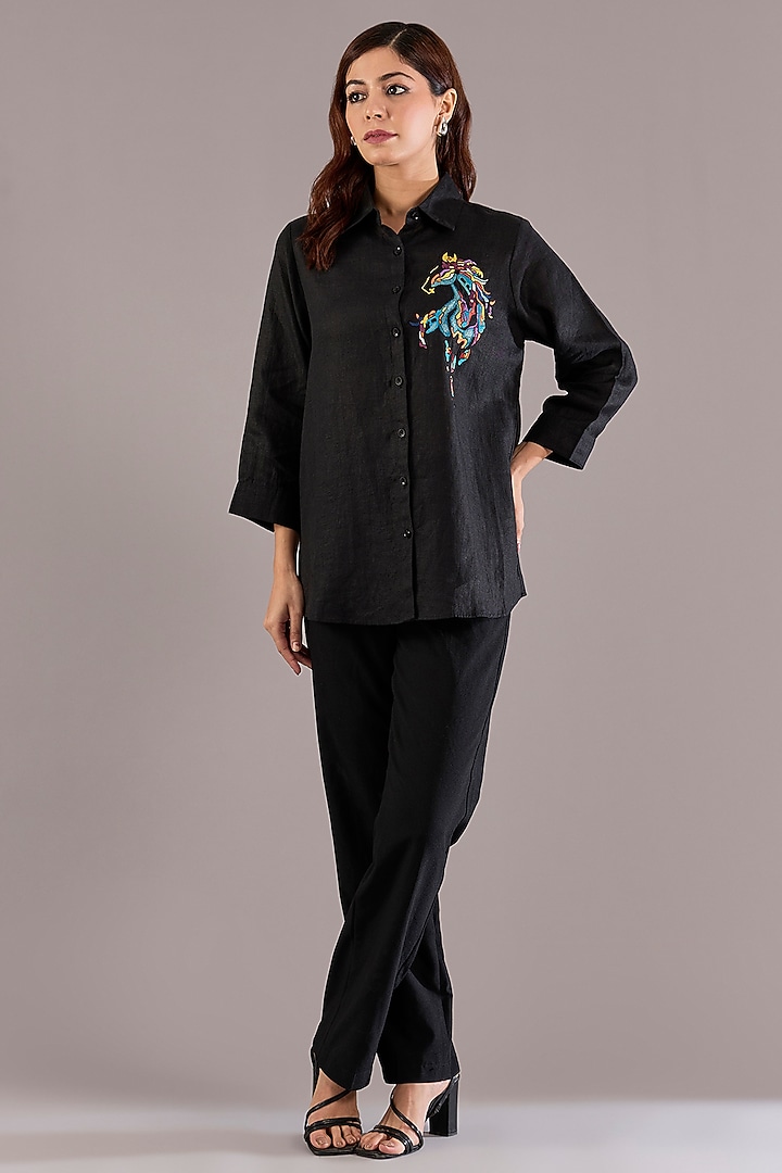 Black Pure Linen Abstract Embroidered Shirt by Linen Bloom at Pernia's Pop Up Shop