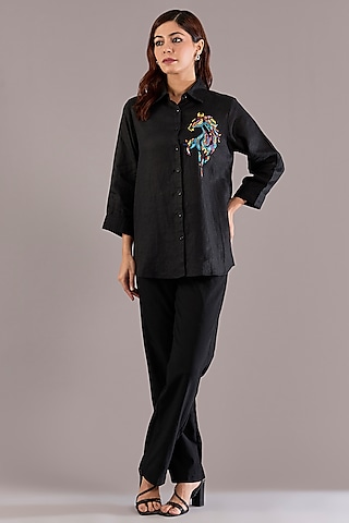 Black Pure Linen Abstract Embroidered Shirt by Linen Bloom