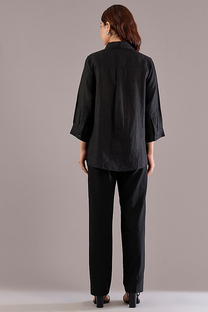 Black Pure Linen Abstract Embroidered Shirt by Linen Bloom at Pernia's Pop Up Shop