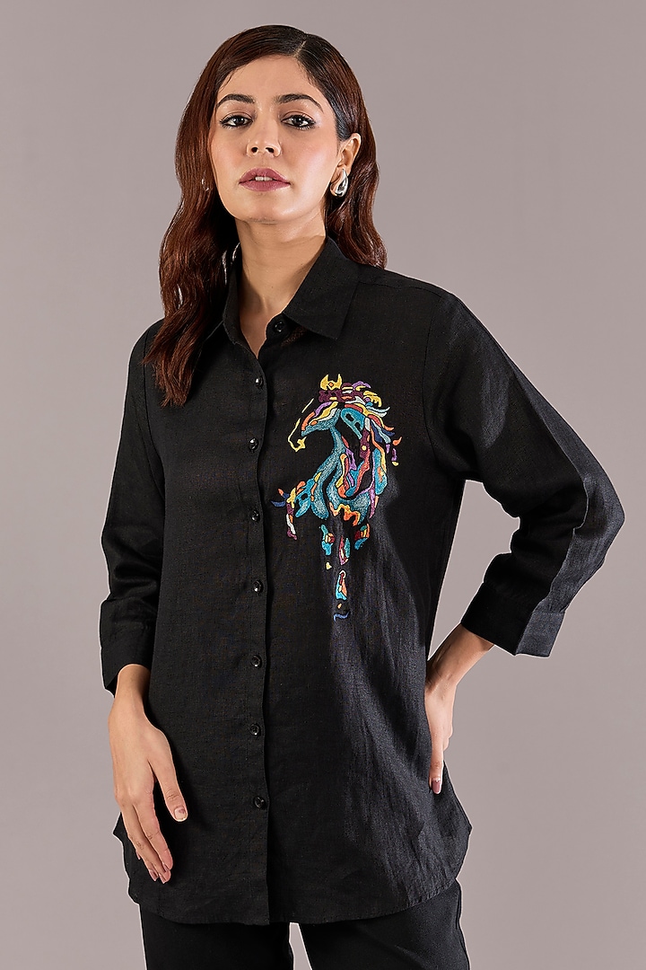 Black Pure Linen Abstract Embroidered Shirt by Linen Bloom at Pernia's Pop Up Shop