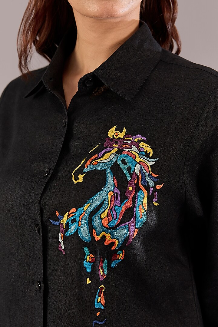 Black Pure Linen Abstract Embroidered Shirt by Linen Bloom at Pernia's Pop Up Shop