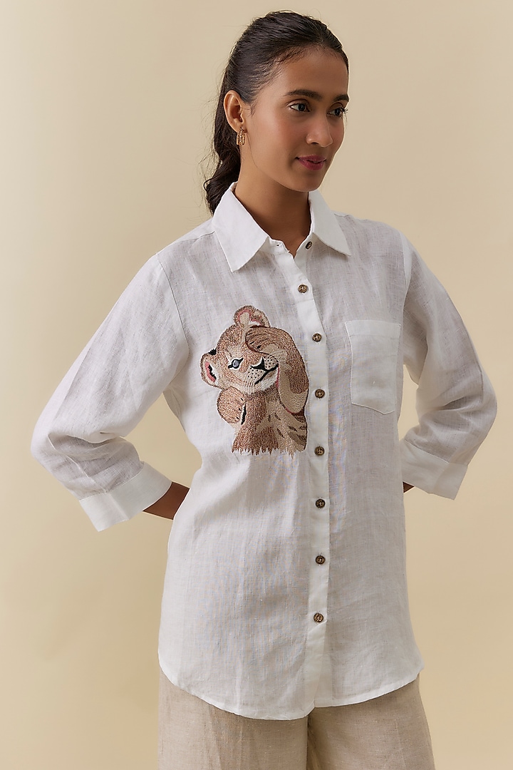 White Linen Embroidered Shirt by Linen Bloom at Pernia's Pop Up Shop