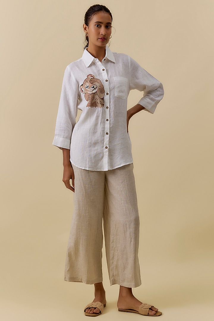 White Linen Embroidered Shirt by Linen Bloom at Pernia's Pop Up Shop