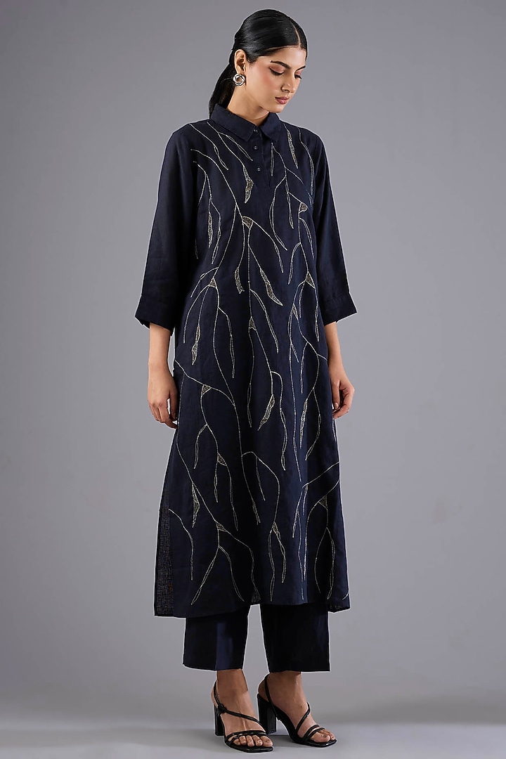 Navy Linen Embroidered Tunic Set by Linen Bloom at Pernia's Pop Up Shop