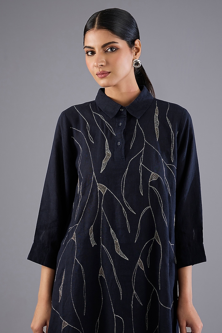Navy Linen Embroidered Tunic Set by Linen Bloom at Pernia's Pop Up Shop