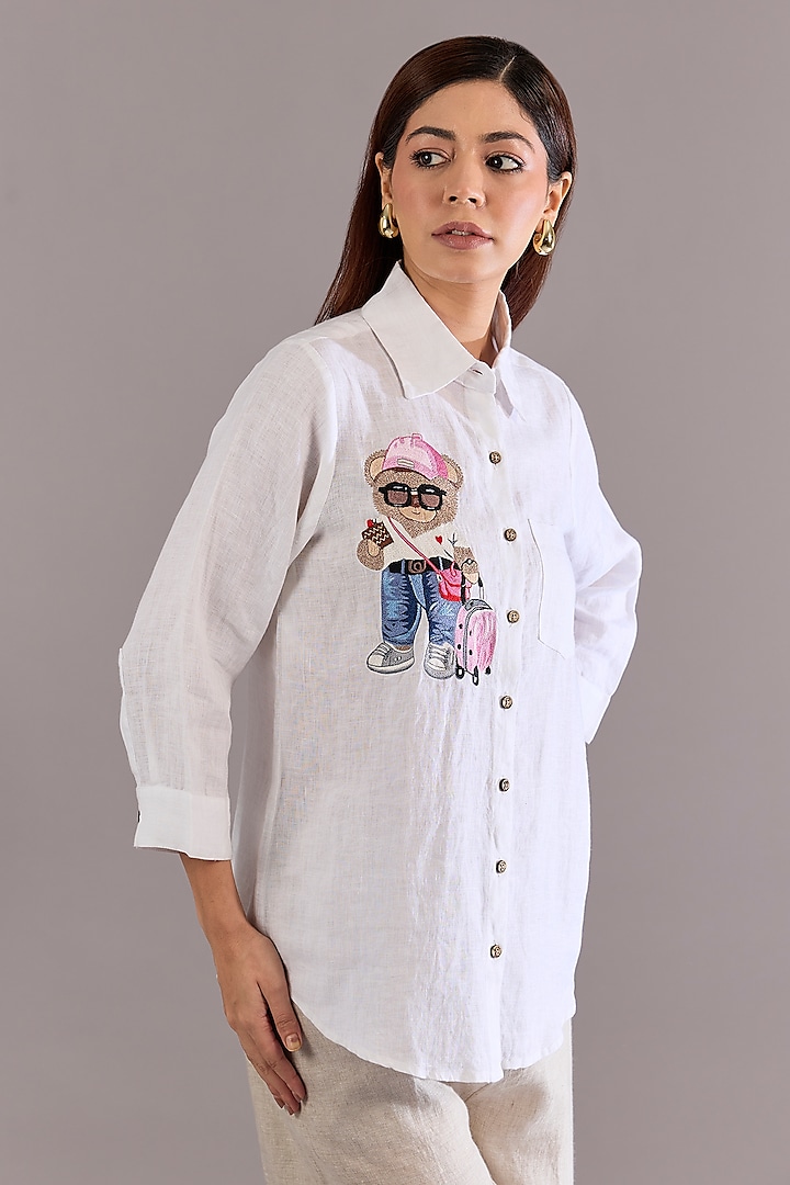 White Linen Embroidered Shirt by Linen Bloom at Pernia's Pop Up Shop