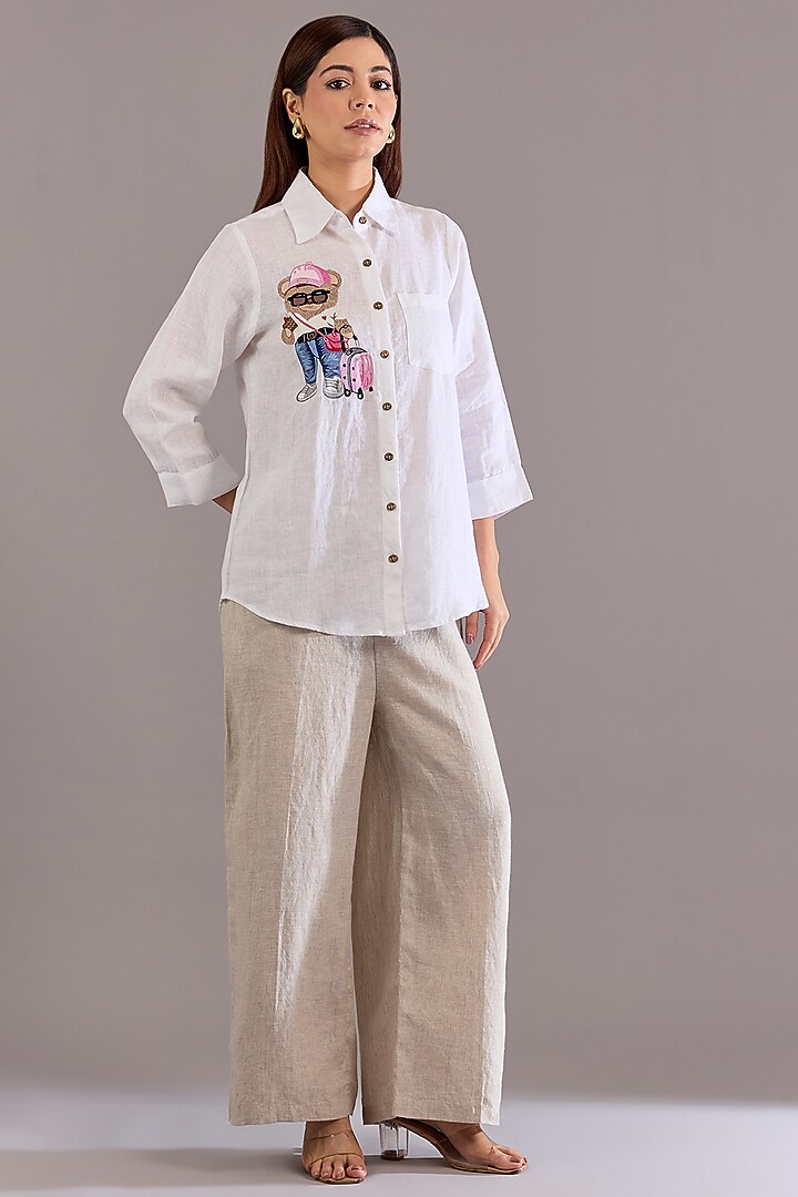 White Linen Embroidered Shirt by Linen Bloom at Pernia's Pop Up Shop
