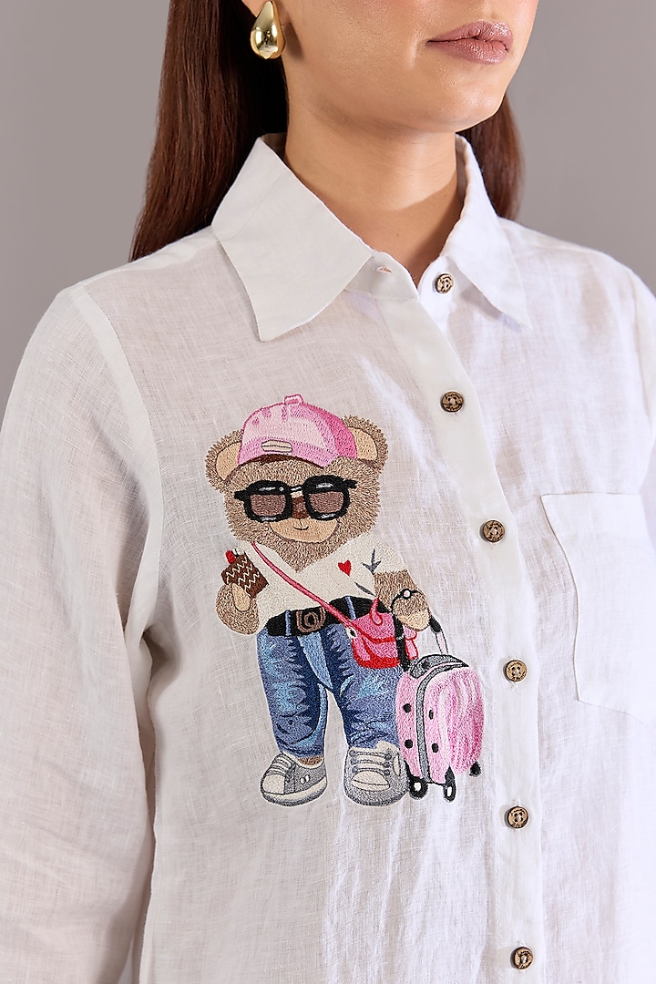White Linen Embroidered Shirt by Linen Bloom at Pernia's Pop Up Shop