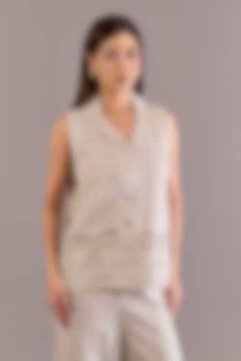 Beige Linen Embroidered Top by Linen Bloom at Pernia's Pop Up Shop