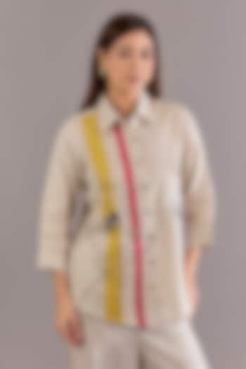 Beige Linen Embroidered & Striped Shirt by Linen Bloom at Pernia's Pop Up Shop
