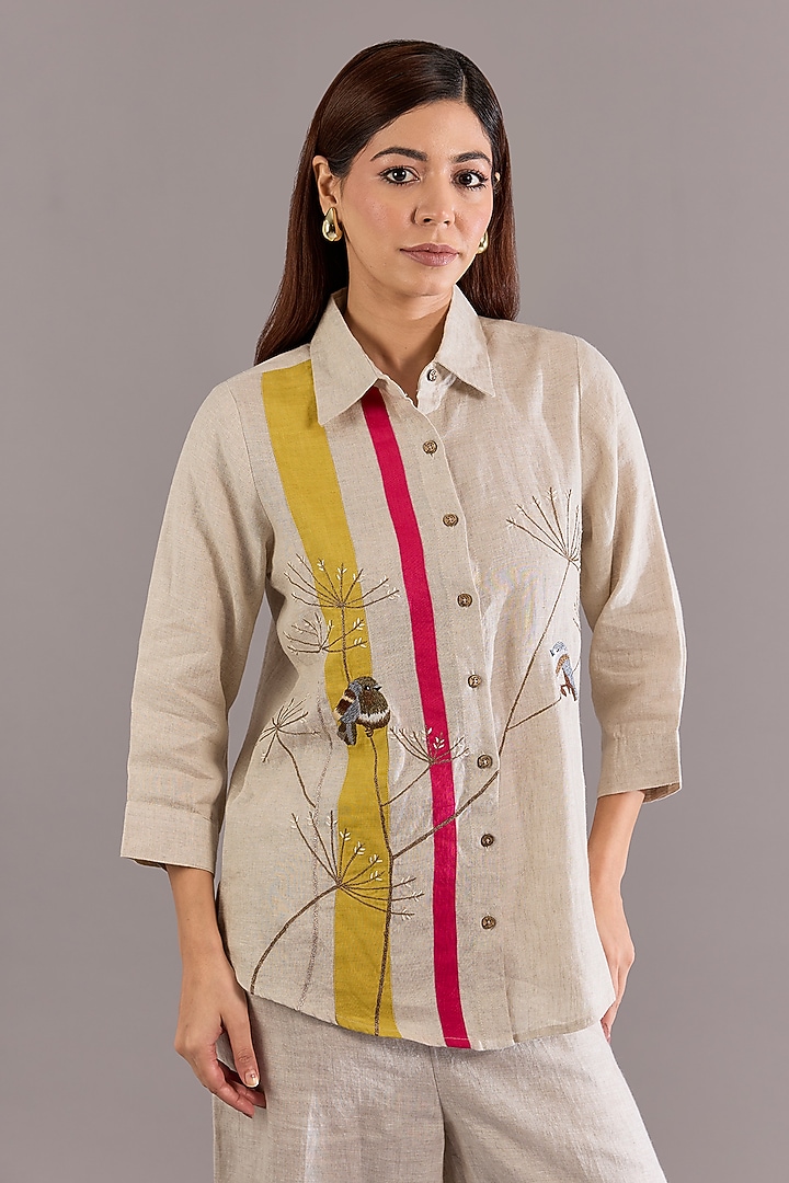 Beige Linen Embroidered & Striped Shirt by Linen Bloom at Pernia's Pop Up Shop