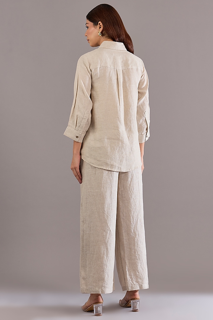 Beige Linen Embroidered & Striped Shirt by Linen Bloom at Pernia's Pop Up Shop