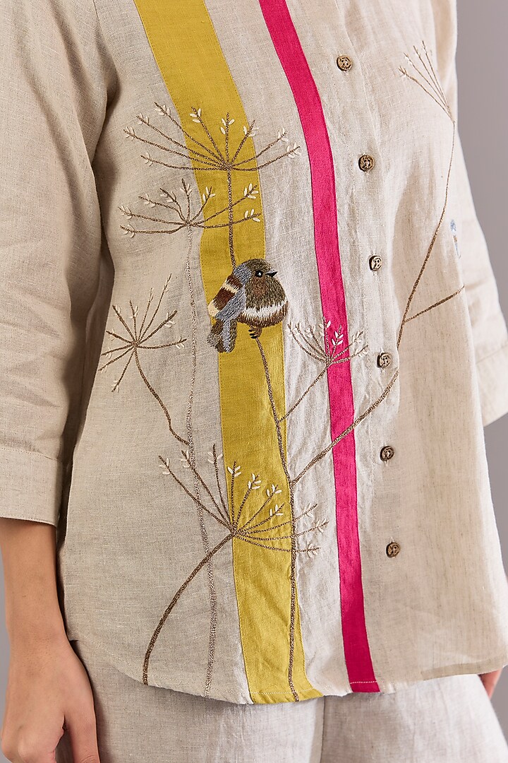 Beige Linen Embroidered & Striped Shirt by Linen Bloom at Pernia's Pop Up Shop