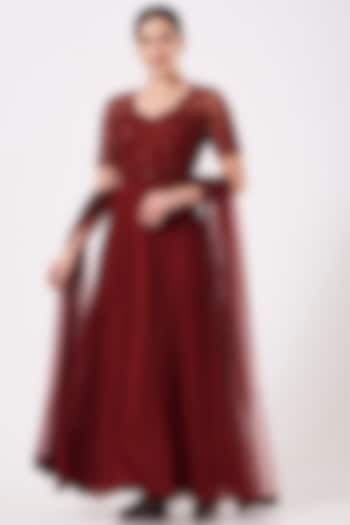 Reddish Maroon Hand Embroidered Wedding Anarkali Set by Kylee at Pernia's Pop Up Shop