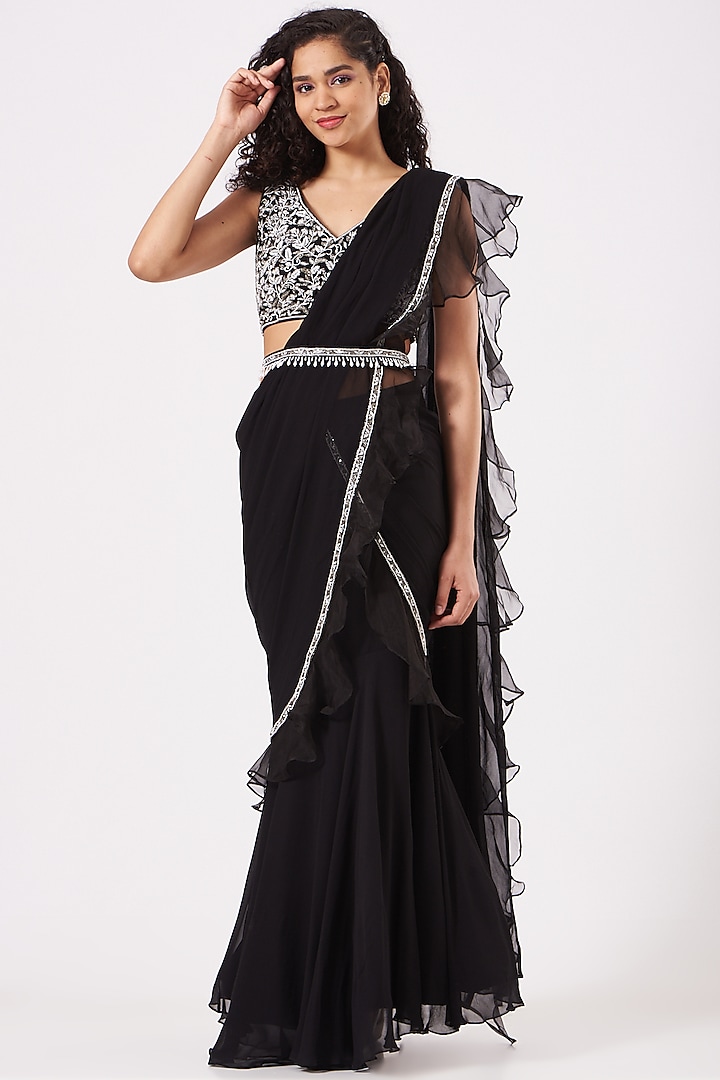 Black Ruffled Saree Set by Kylee at Pernia's Pop Up Shop