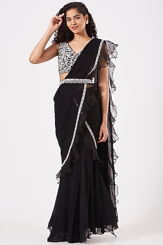 Black Ruffled Saree Set by Kylee