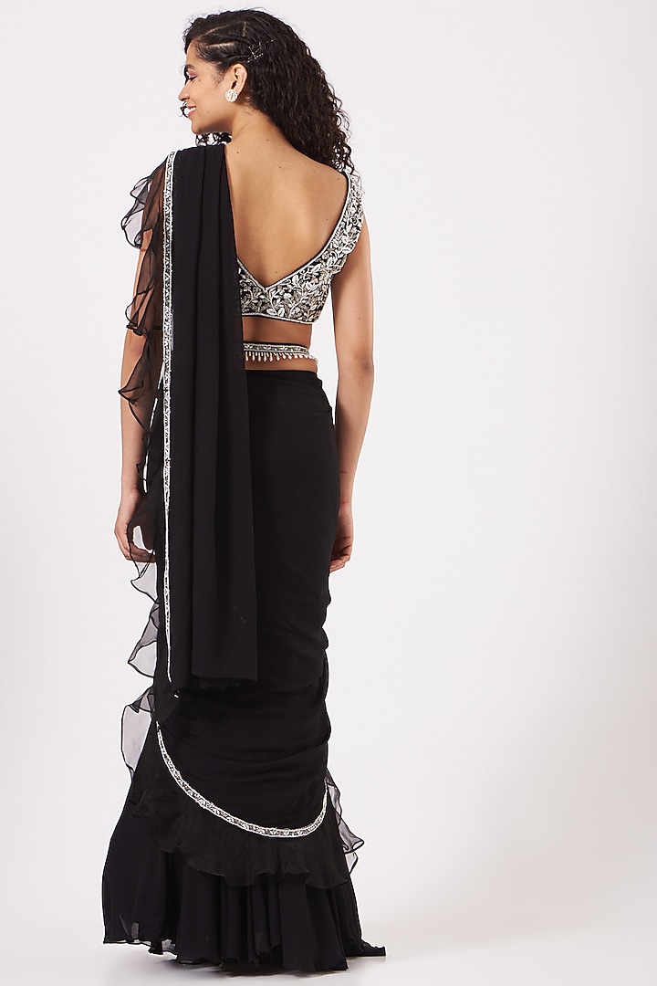 Black Ruffled Wedding Saree Set by Kylee at Pernia's Pop Up Shop