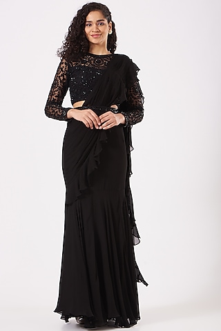 Black Ruffled Draped Saree Set by Kylee