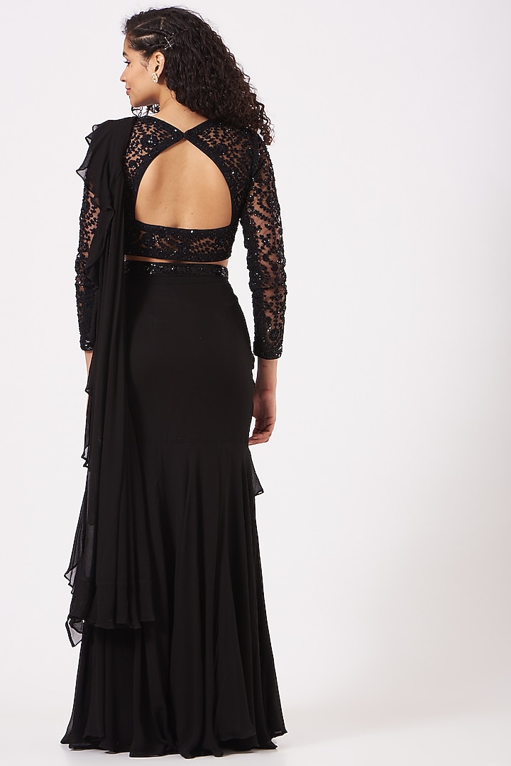 Black Ruffled Draped Wedding Saree Set by Kylee at Pernia's Pop Up Shop