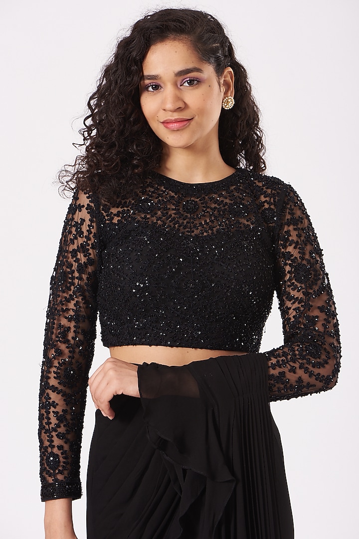 Black Ruffled Draped Wedding Saree Set by Kylee at Pernia's Pop Up Shop