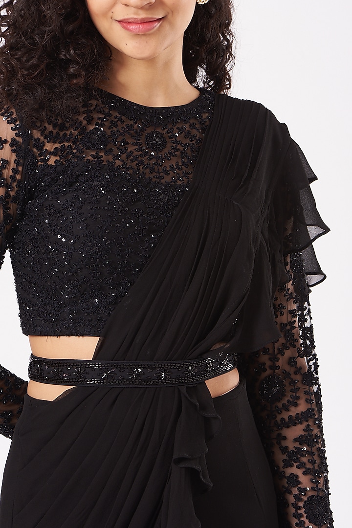 Black Ruffled Draped Wedding Saree Set by Kylee at Pernia's Pop Up Shop