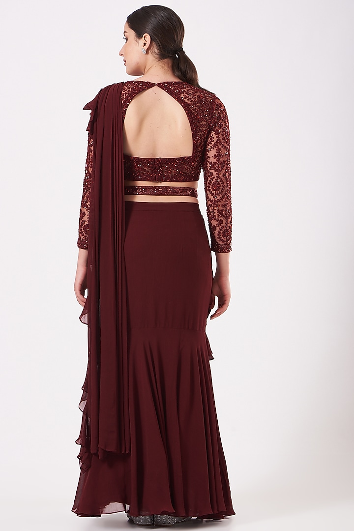 Reddish Maroon Ruffled Draped Wedding Saree Set by Kylee at Pernia's Pop Up Shop