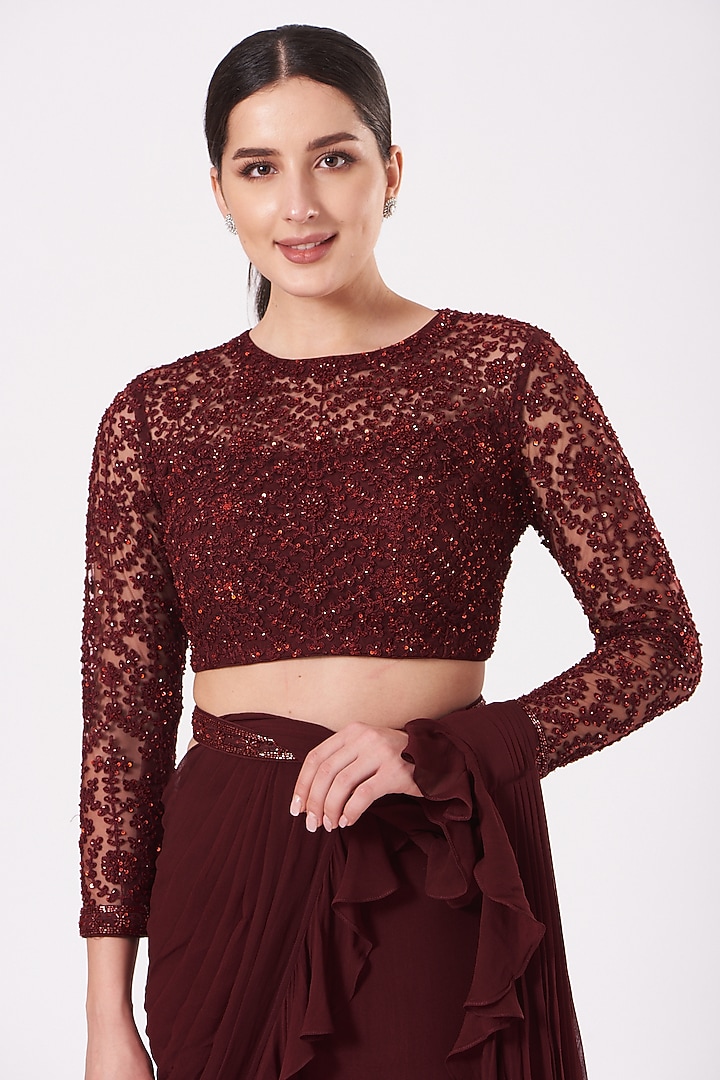 Reddish Maroon Ruffled Draped Wedding Saree Set by Kylee at Pernia's Pop Up Shop