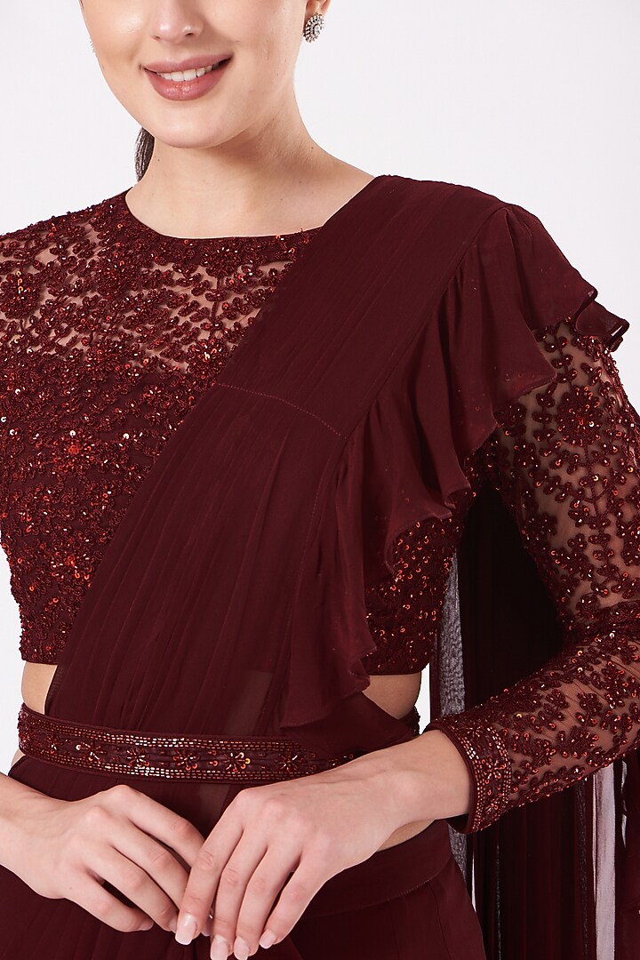 Reddish Maroon Ruffled Draped Wedding Saree Set by Kylee at Pernia's Pop Up Shop