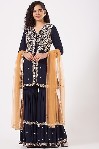 Navy Blue Georgette Sharara Set by Kylee