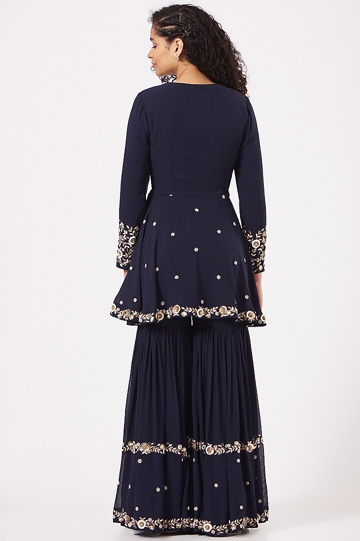 Navy Blue Georgette Wedding Sharara Set by Kylee at Pernia's Pop Up Shop