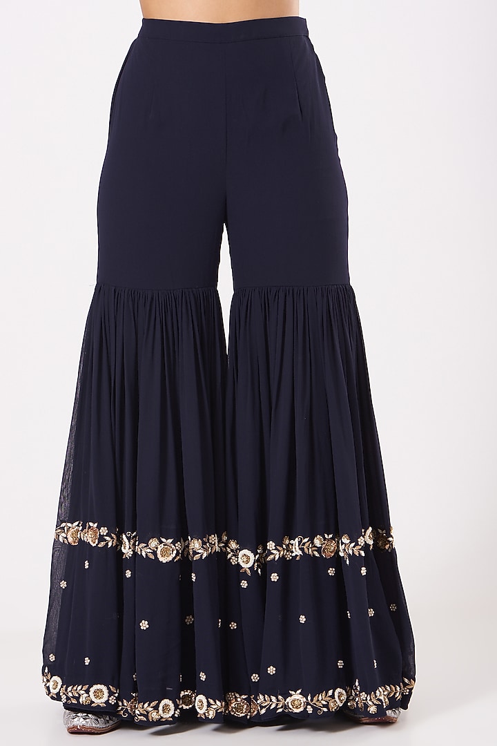 Navy Blue Georgette Wedding Sharara Set by Kylee at Pernia's Pop Up Shop